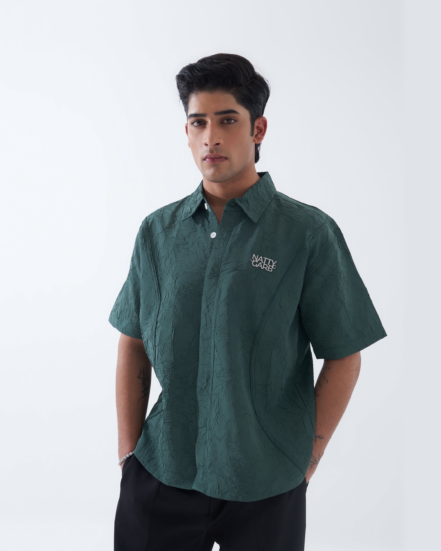 CRINKLED BOTTLE GREEN SHIRT